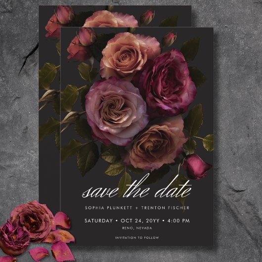 Elegant Moody Muted Rust & Bourgondië Bloemen brui Save The Date