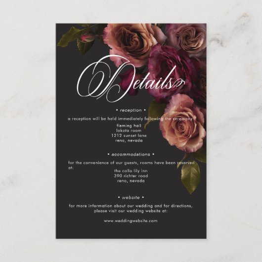 Elegant Moody Muted Rust & Bourgondië Bloemen Deta Informatiekaartje (Voorkant)