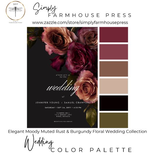 Elegant Moody Muted Rust & Bourgondië Bloemendiner All In One Uitnodiging