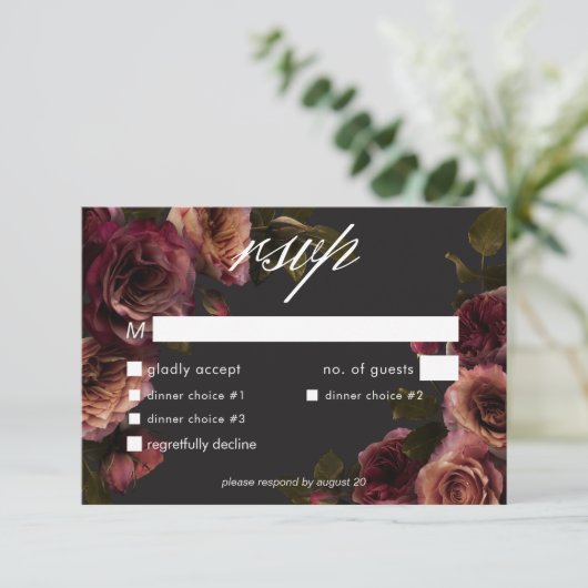 Elegant Moody Muted Rust & Bourgondië Bloemendiner RSVP Kaartje (Staand voorkant)