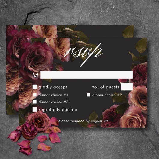 Elegant Moody Muted Rust & Bourgondië Bloemendiner RSVP Kaartje