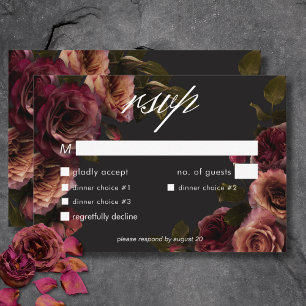 Elegant Moody Muted Rust & Bourgondië Bloemendiner RSVP Kaartje