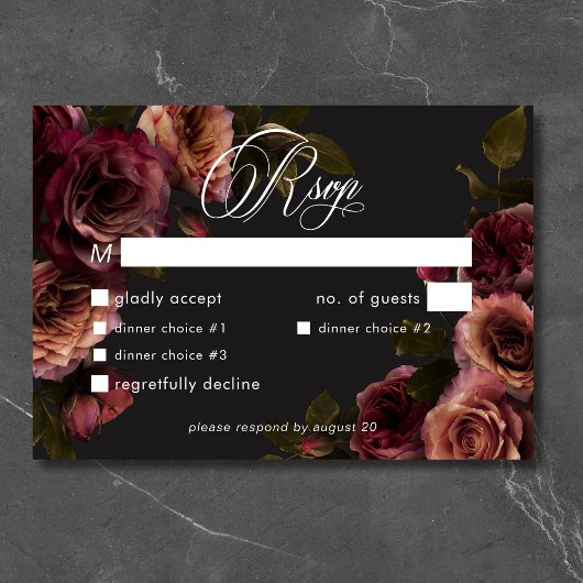 Elegant Moody Muted Rust & Bourgondië Bloemendiner RSVP Kaartje