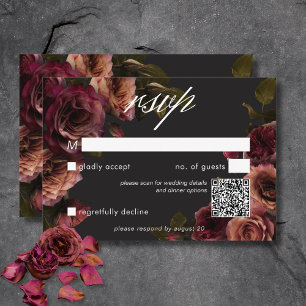 Elegant Moody Muted Rust & Bourgondië Floral QR Co RSVP Kaartje