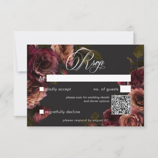 Elegant Moody Muted Rust & Bourgondië Floral QR Co RSVP Kaartje (Voorkant)