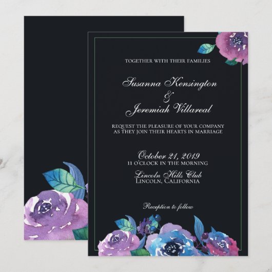 Elegant Moody Paarse Waterverf Floral Wedding Kaart (Voorkant / Achterkant)
