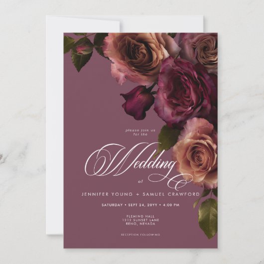 Elegant Moody Rust Burgundy Floral QR Code Wedding Kaart (Voorkant)