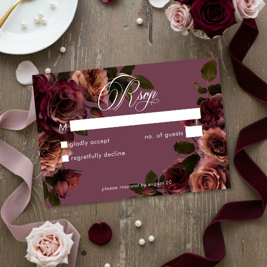 Elegant Moody Soft Rust Burgundy Floral No Dinner RSVP Kaartje