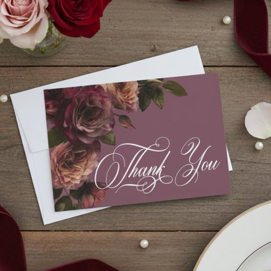 Elegant Moody Soft Rust & Burgundy Floral Wedding Bedankkaart