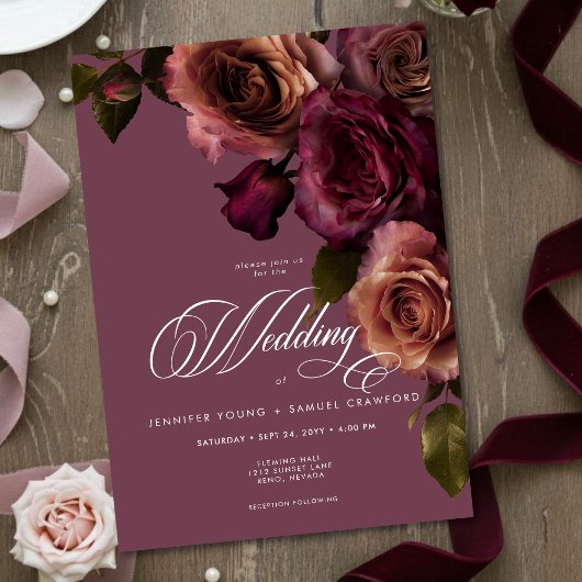 Elegant Moody Soft Rust & Burgundy Floral Wedding Kaart