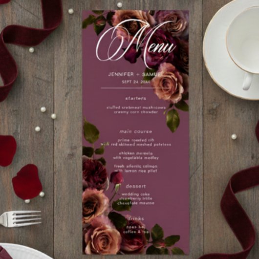 Elegant Moody Soft Rust & Burgundy Floral Wedding Menu