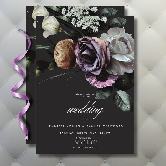 Elegant Moody Twilight Gedempte Bloemen Bruiloft Kaart