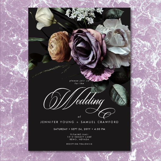 Elegant Moody Twilight Gedempte Bloemen Bruiloft Kaart