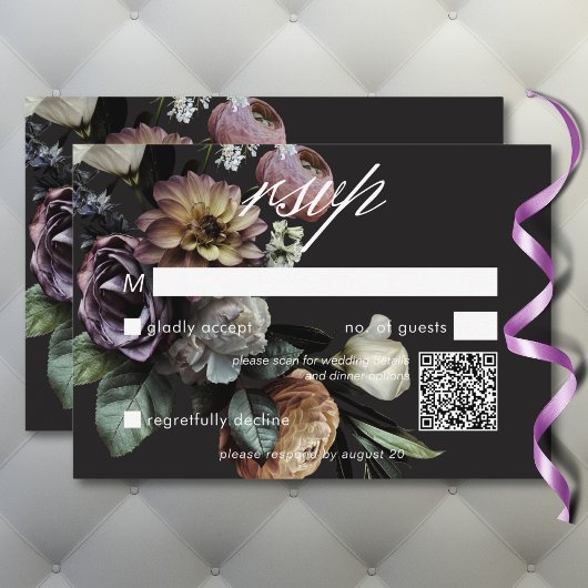 Elegant Moody Twilight Muted Floral QR Code RSVP Kaartje