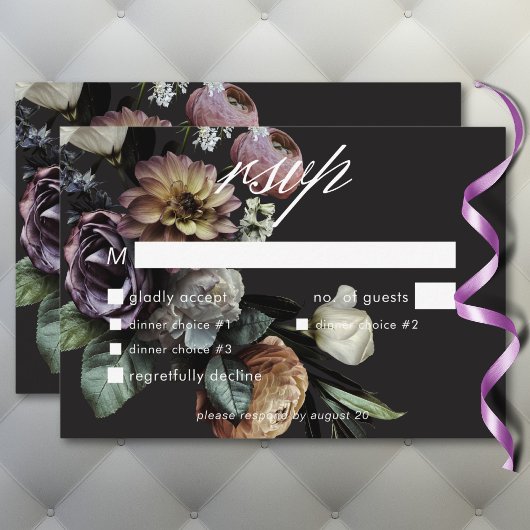 Elegant Moody Twilight Muted Floral Wedding Dinner RSVP Kaartje