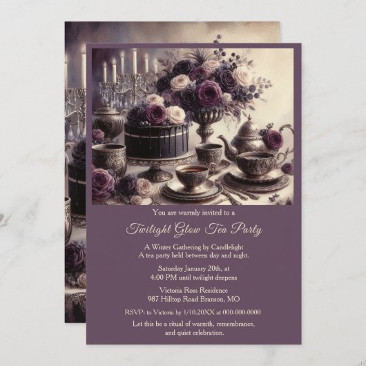 Elegant Moody Twilight Winter Tea Party Invitation Kaart (Voorkant / Achterkant)