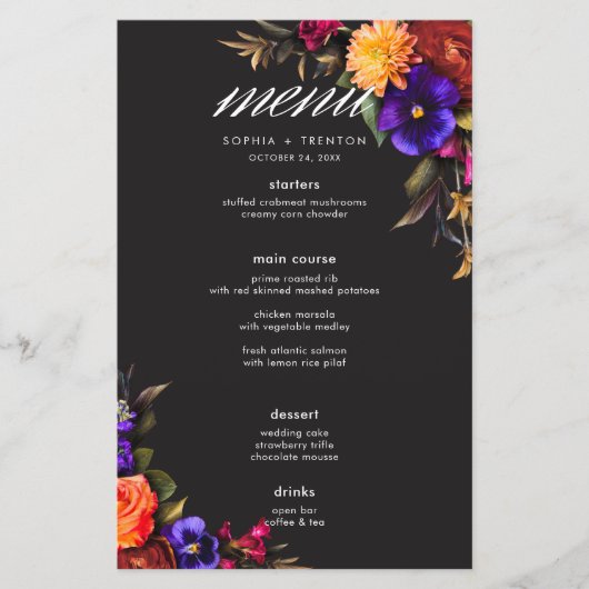 Elegant Moody Vibrant Harvest Bloemen Trouwmenu (Voorkant)