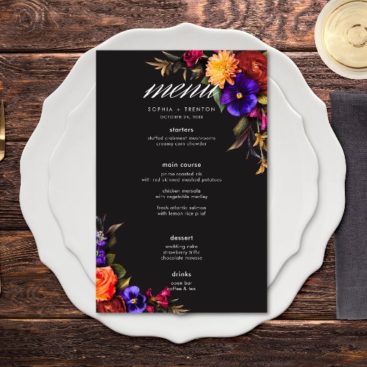 Elegant Moody Vibrant Harvest Bloemen Trouwmenu