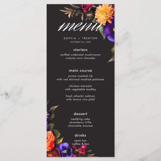 Elegant Moody Vibrant Harvest Bloemen Trouwmenu Menu (Voorkant)