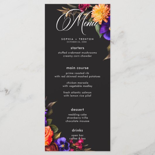 Elegant Moody Vibrant Harvest Bloemen Trouwmenu Menu (Voorkant)