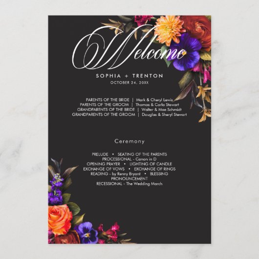 Elegant Moody Vibrant Oogst Bloemenbruiloft Programmakaart (Voorkant)