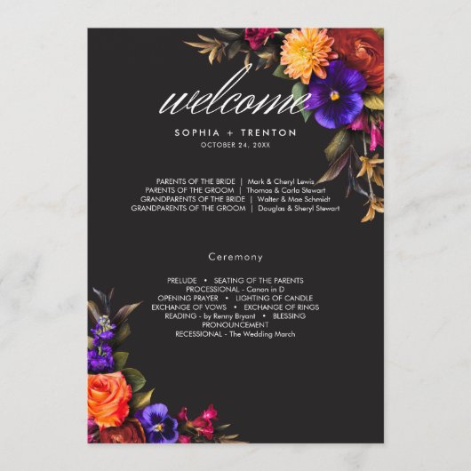 Elegant Moody Vibrant Oogst Bloemenbruiloft Programmakaart (Voorkant)