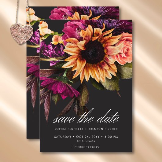 Elegant Moody Vibrant Sunset Bloemen Bruiloft Save The Date