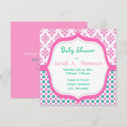 Elegant, mooi roze, blauwgroen floreel baby shower kaart (Voorkant / Achterkant)