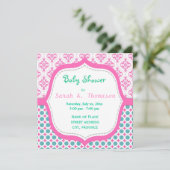 Elegant, mooi roze, blauwgroen floreel baby shower kaart (Staand voorkant)