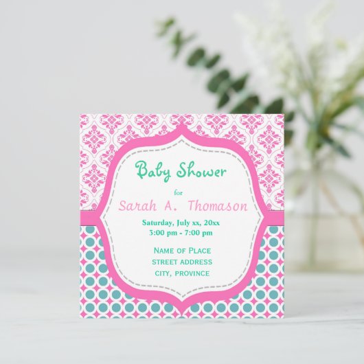 Elegant, mooi roze, blauwgroen floreel baby shower kaart (Staand voorkant)