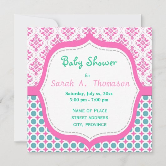 Elegant, mooi roze, blauwgroen floreel baby shower kaart (Voorkant)