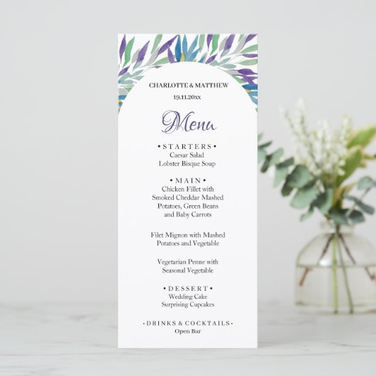 Elegant Mooie Paarse Boho Bloemen Waterverf Menu (Staand voorkant)