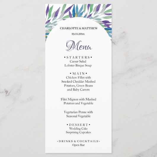 Elegant Mooie Paarse Boho Bloemen Waterverf Menu (Voorkant)