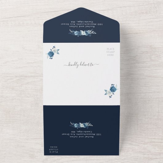 elegant moonlight blue bruiloft all in one uitnodiging (Buitenkant)