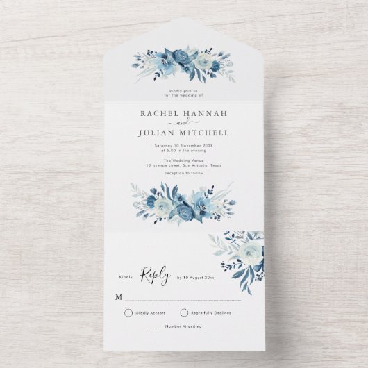 elegant moonlight blue bruiloft all in one uitnodiging (Binnen)