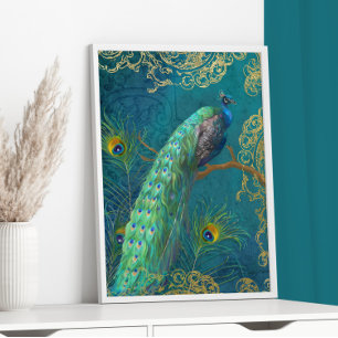 Elegant Moonlight Peacock n Feather Gold Foil Blau Folie Afdrukken