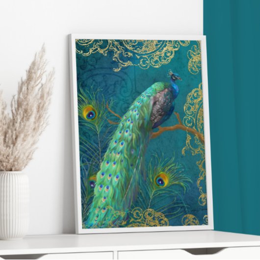 Elegant Moonlight Peacock n Feather Gold Foil Blau Folie Afdrukken