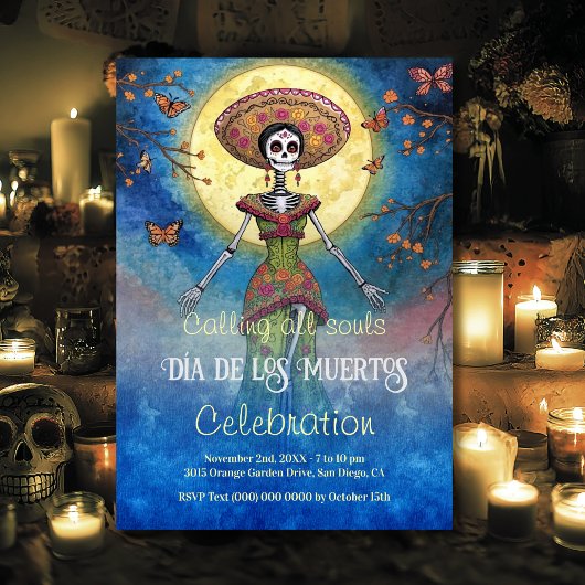 Elegant Moonlit Catrina Día de Muertos Celebration Kaart