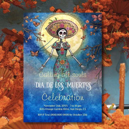 Elegant Moonlit Catrina Día de Muertos Celebration Kaart