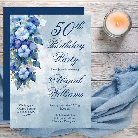 Elegant Morning Glories Blue Floral 50th Birthday  Kaart