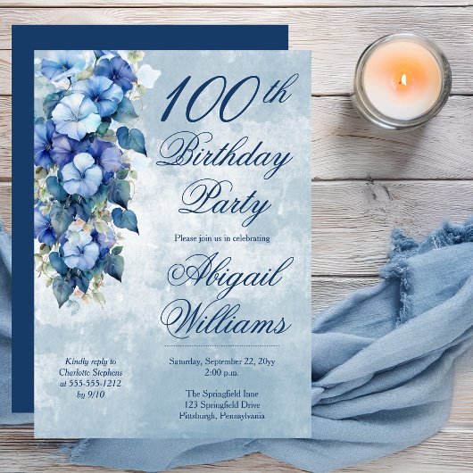 Elegant Morning Glory Blue Floral 100th Birthday  Kaart