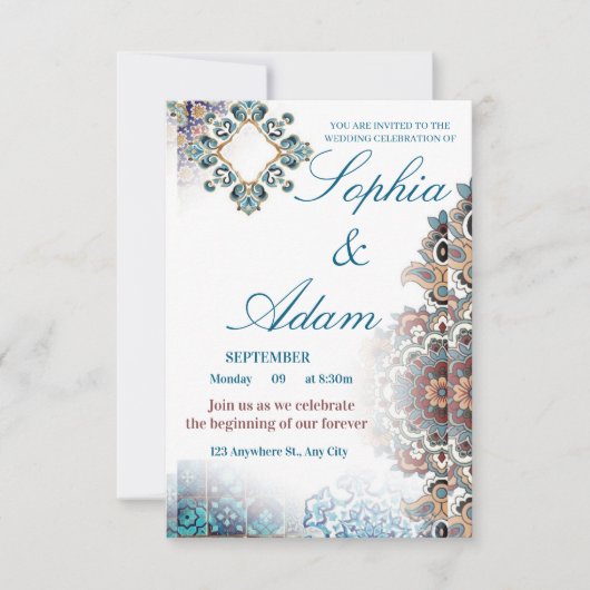 Elegant Moroccan Tile Wedding Invitation Bedankkaart (Voorkant)