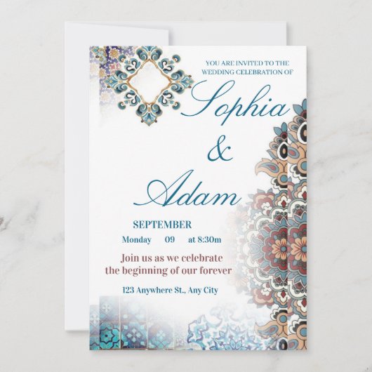 Elegant Moroccan Tile Wedding Invitation Bedankkaart (Voorkant)