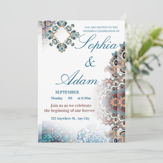 Elegant Moroccan Tile Wedding Invitation Bedankkaart (Staand voorkant)