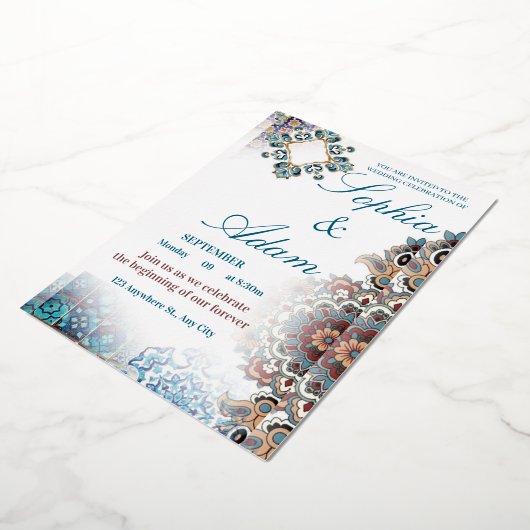 Elegant Moroccan Tile Wedding Invitation Folie Uitnodiging (Gedraaid)