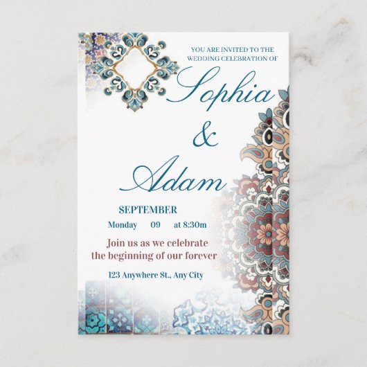 Elegant Moroccan Tile Wedding Invitation Informatiekaartje (Voorkant)