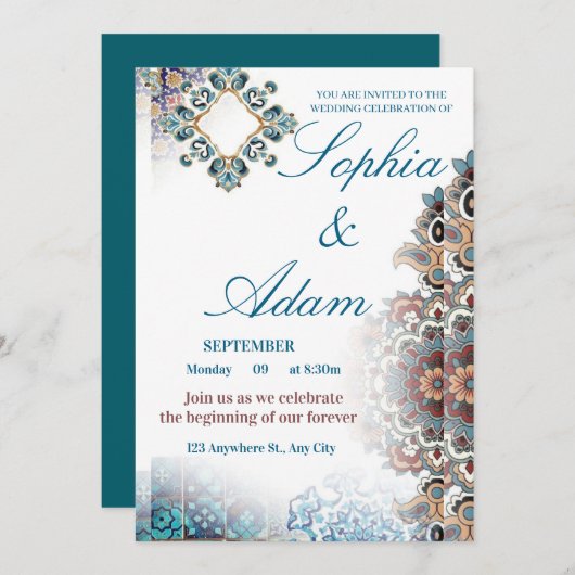 Elegant Moroccan Tile Wedding Invitation Kaart (Voorkant / Achterkant)