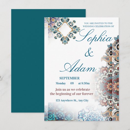 Elegant Moroccan Tile Wedding Invitation Kaart (Voorkant / Achterkant)