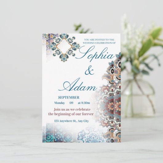 Elegant Moroccan Tile Wedding Invitation Kaart (Staand voorkant)