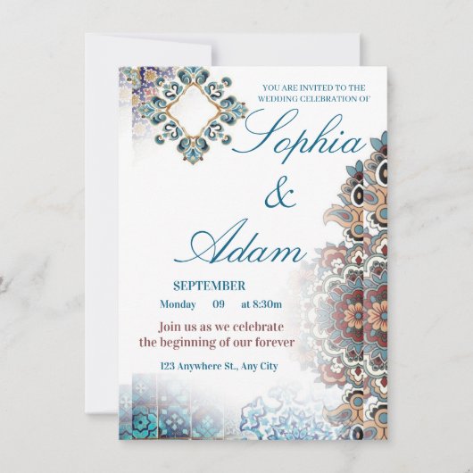 Elegant Moroccan Tile Wedding Invitation Kaart (Voorkant)